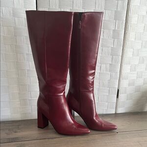 Women's Tall Pointed-Toe Block Heel Leather Boots - Burgundy